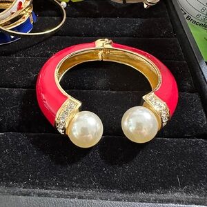 Elegant Red and Gold Bracelet with Pearl Accents